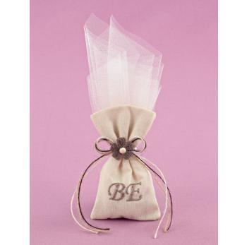 Μπομπονιέρα Γάμου Μικρό Πουγκί με Μονογράμματα και Λουλούδι